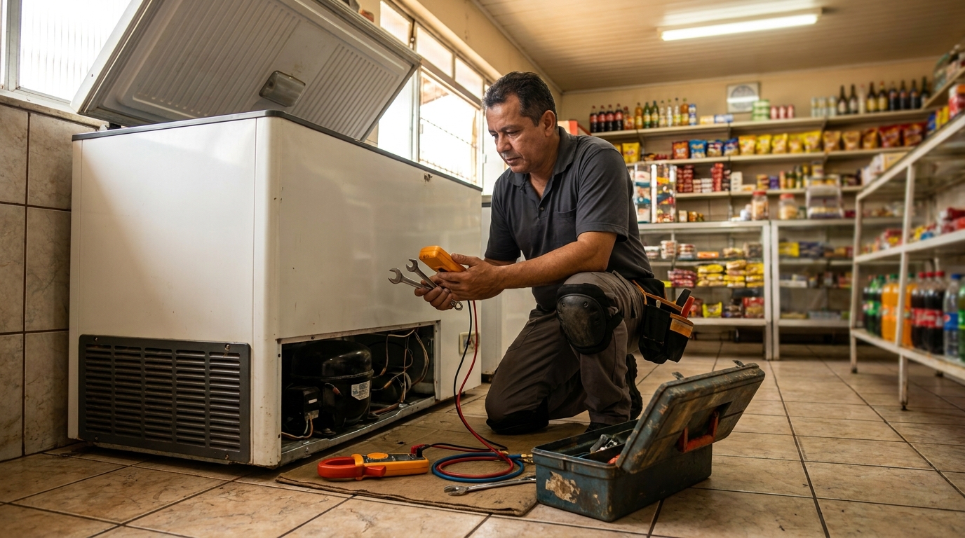 Técnico avaliando um freezer vertical durante atendimento em Montes Claros‑MG